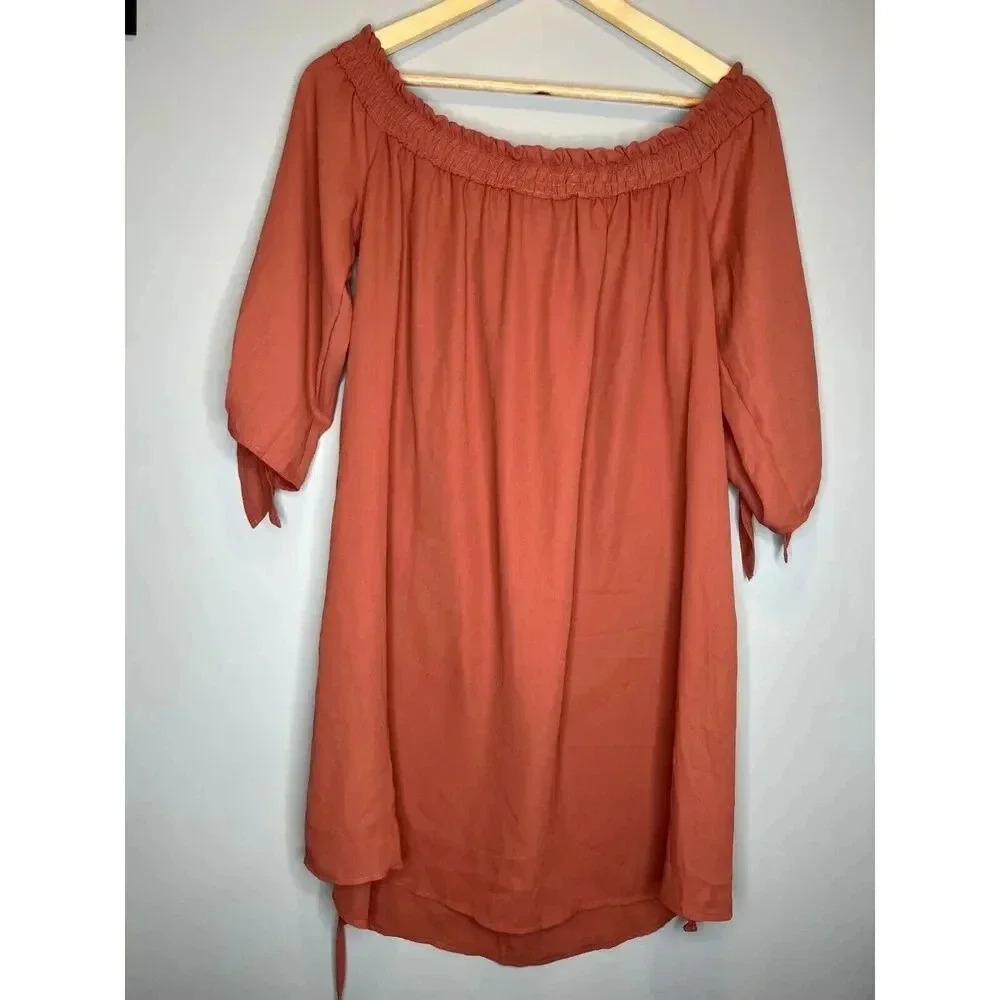Polly & ester off shoulder mauve orange dress tie waist fall midi size LARGE - Picture 4 of 4
